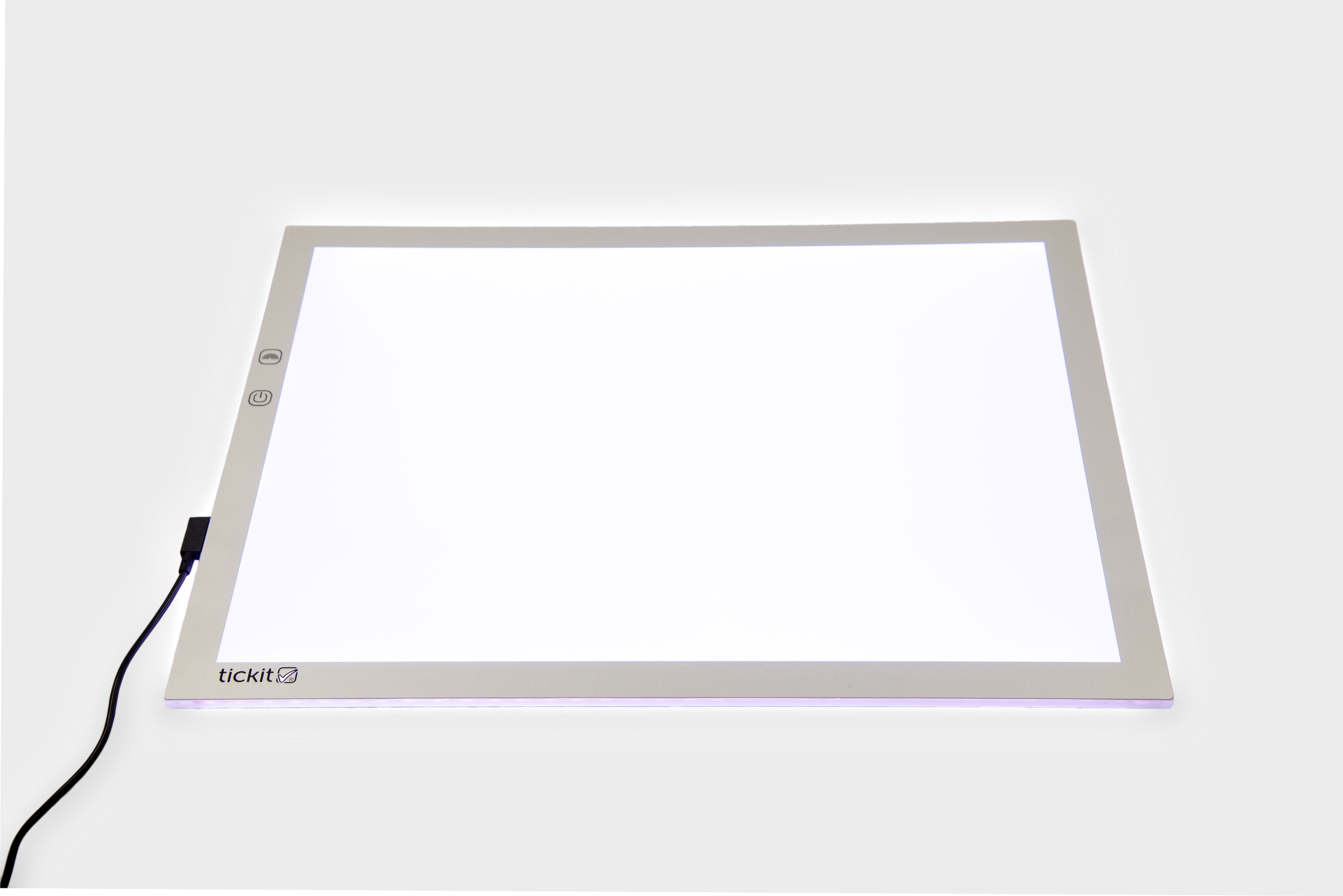 A3 color-changing light panel with black power cable, bright white glow