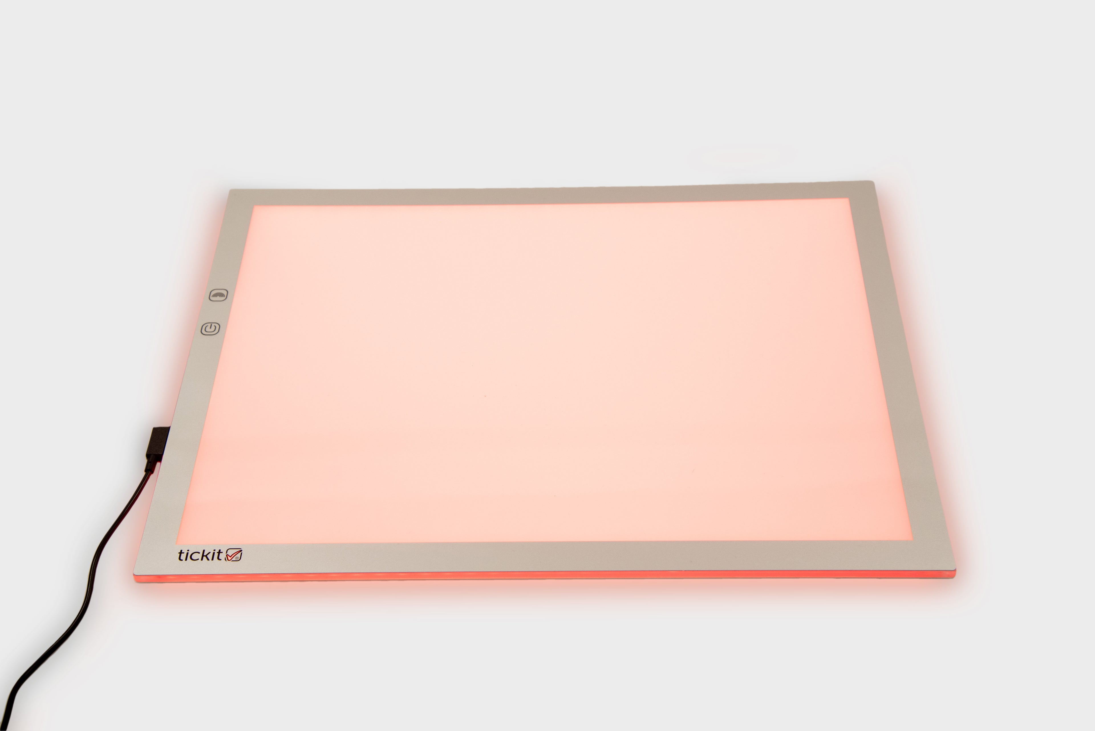 A3 color-changing light panel with black power cable, pink glow