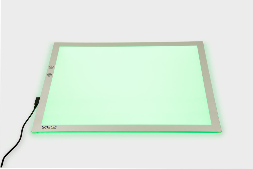 A3 color-changing light panel with black power cable, green glow