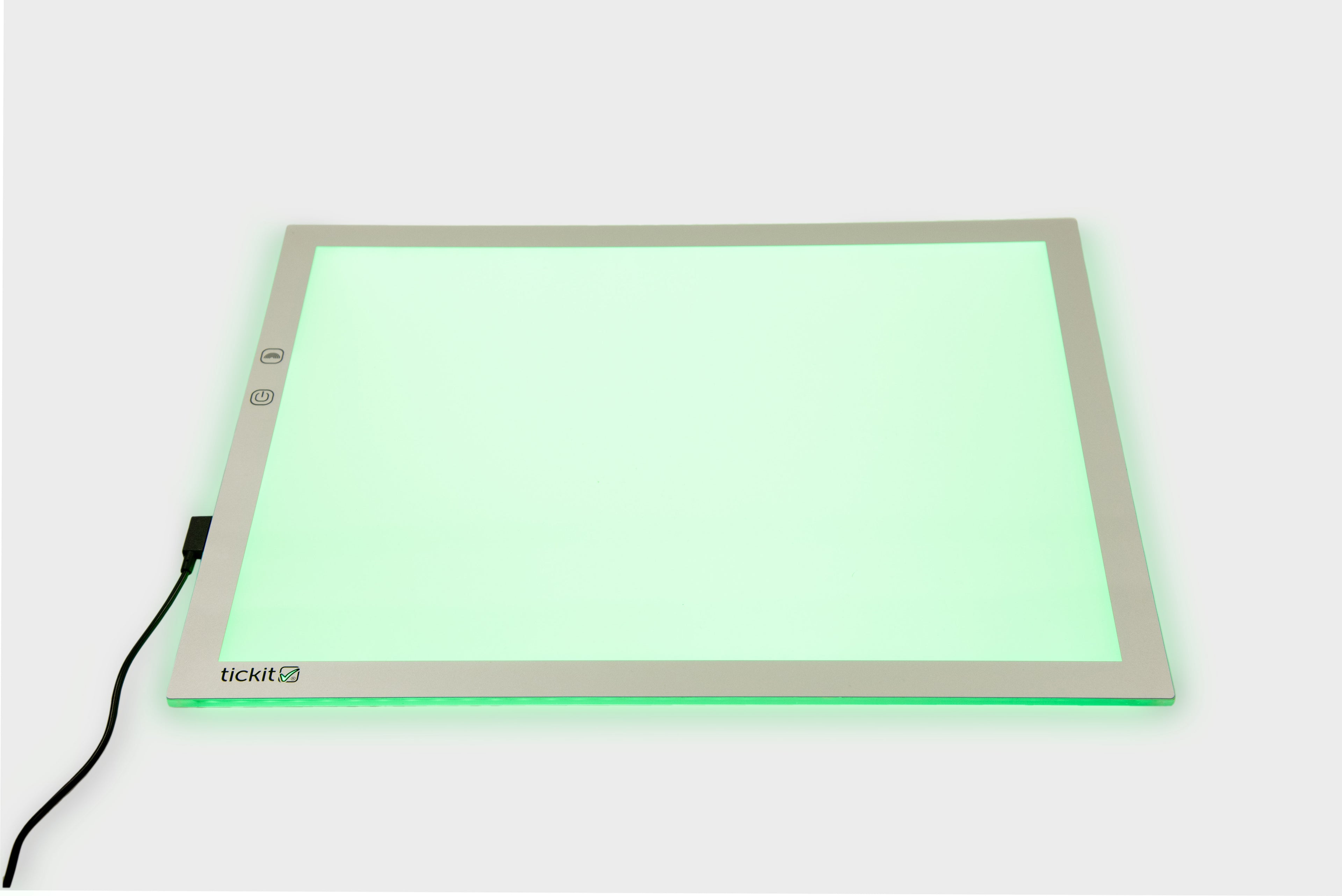 A3 color-changing light panel with black power cable, green glow