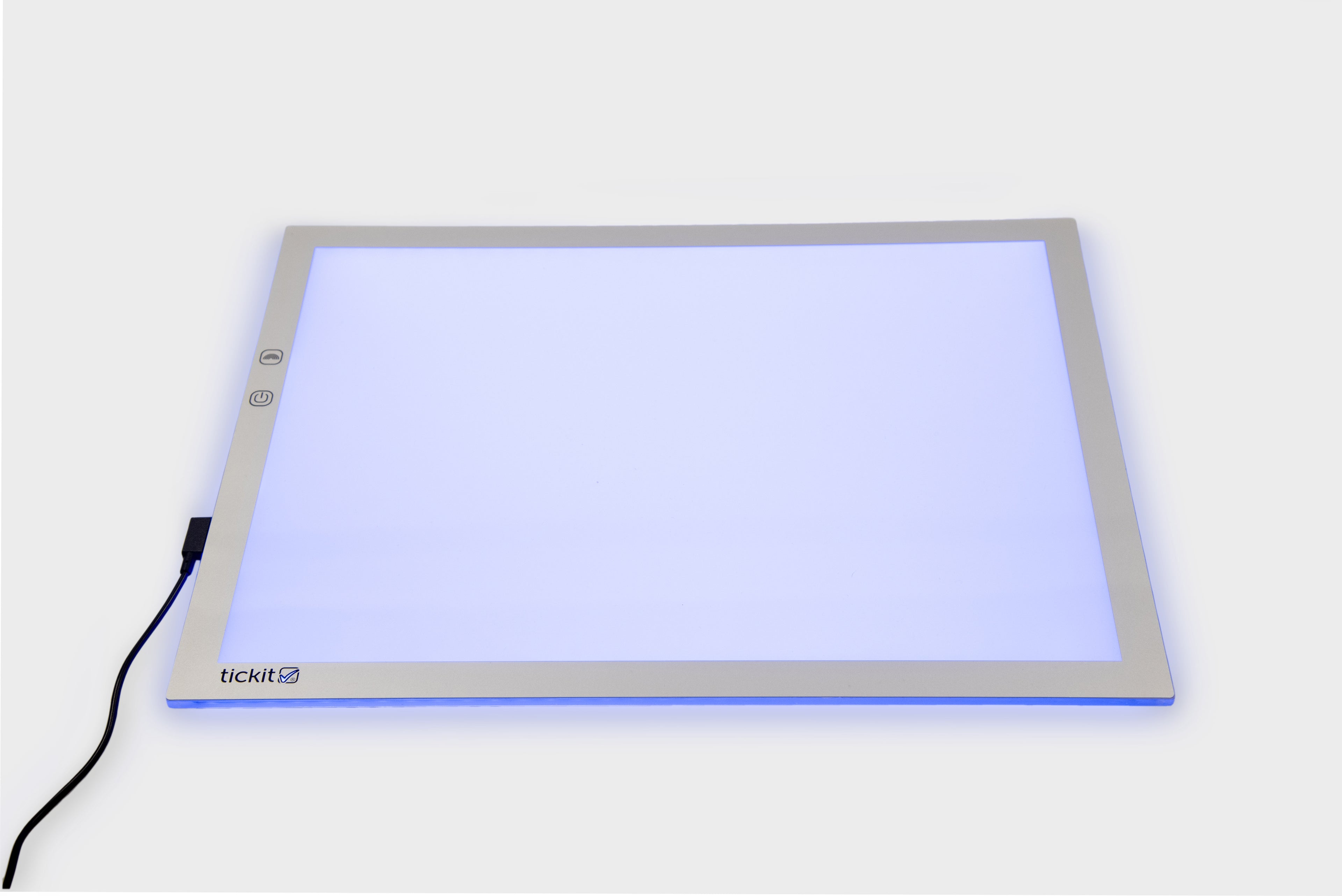 A3 color-changing light panel with black power cable, light blue glow