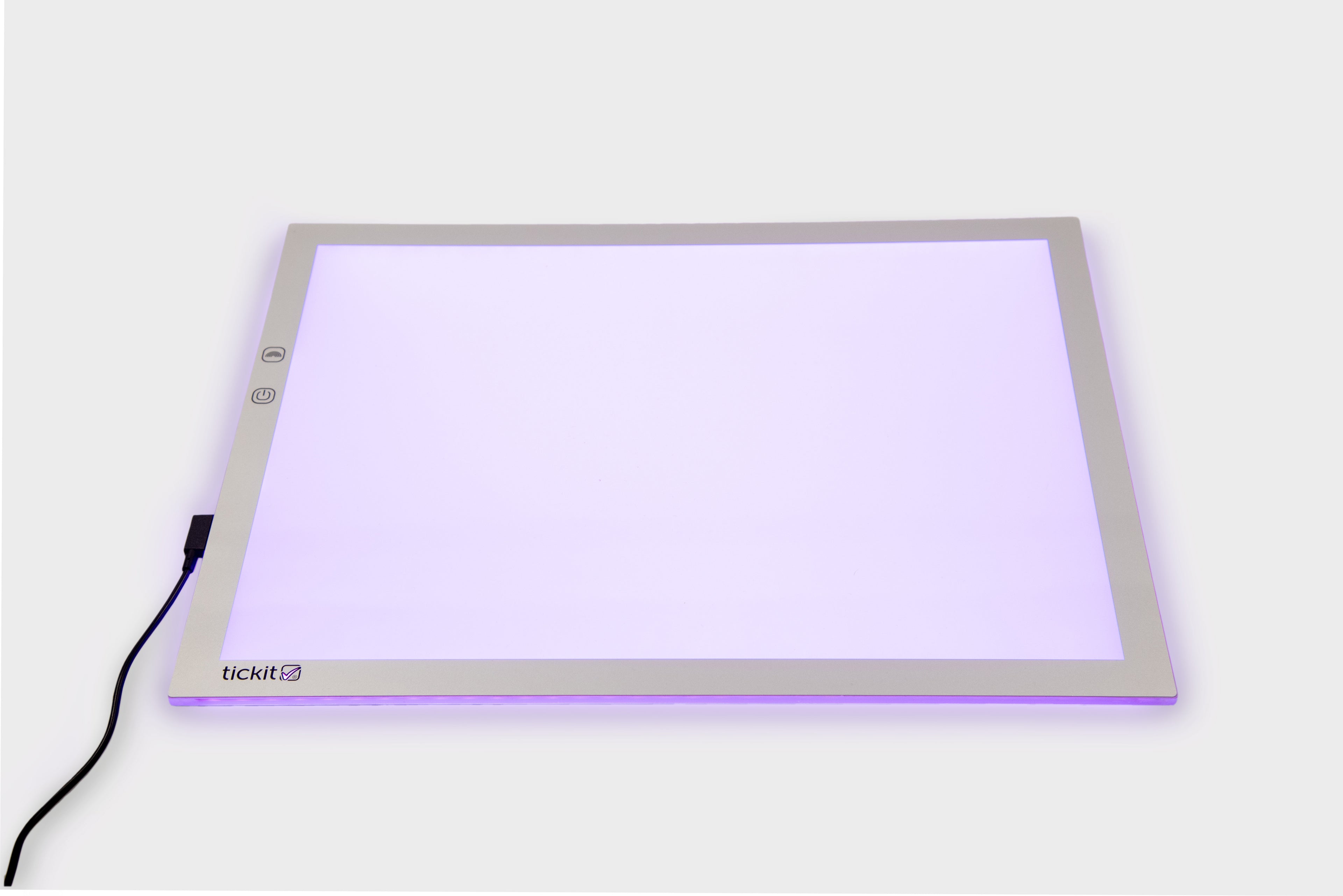 A3 color-changing light panel with black power cable, purple glow