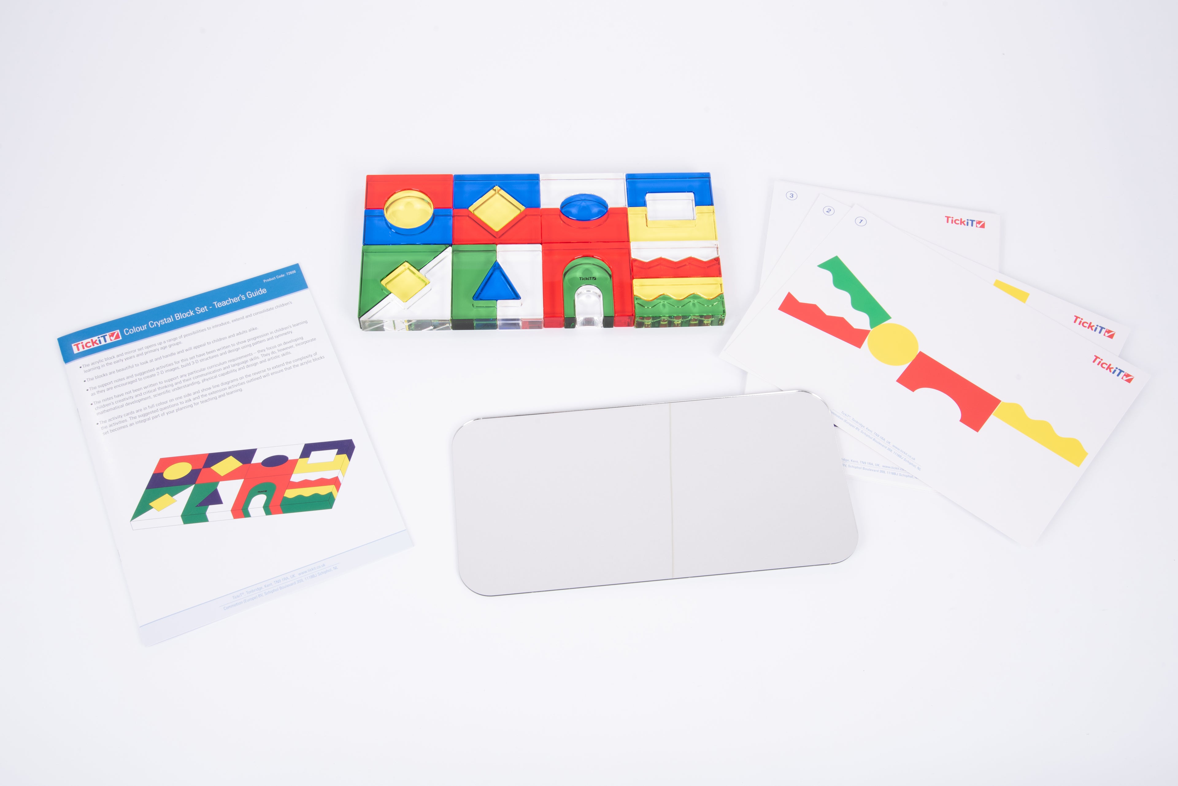 Crystal block set tray with colorful geometric tiles and included instruction cards
