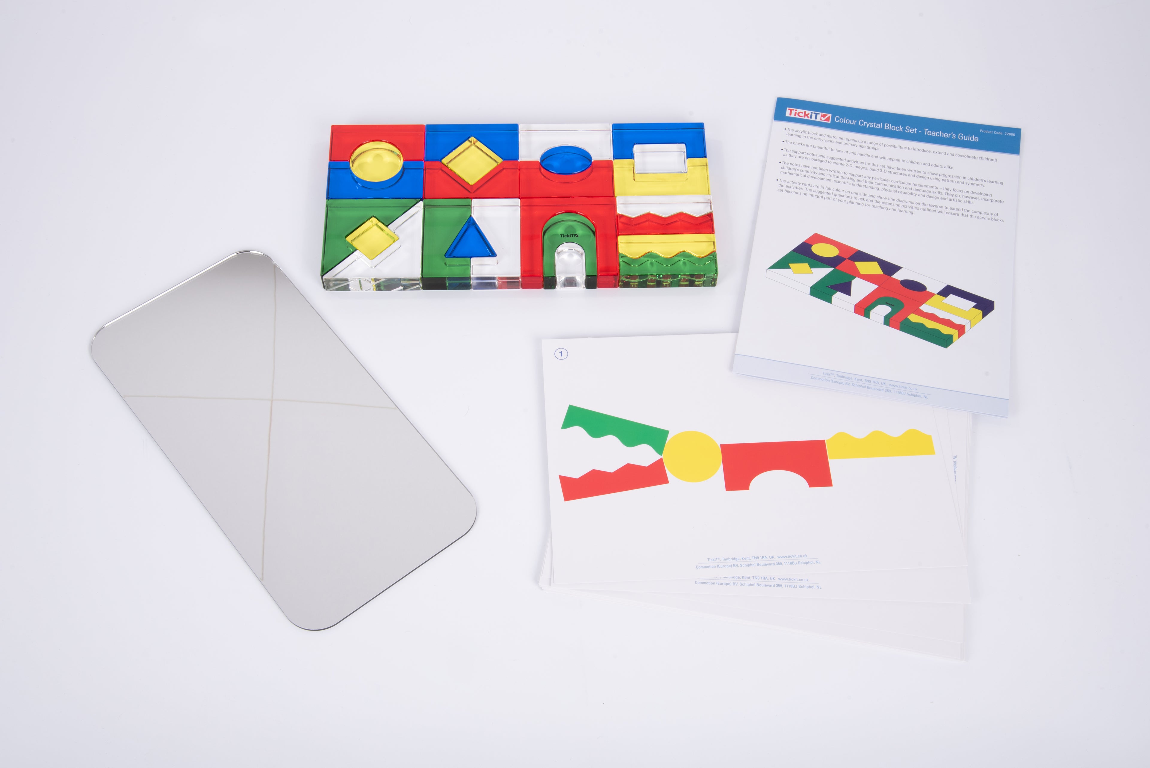 Crystal block set with colorful tray, white base blocks, and instruction cards