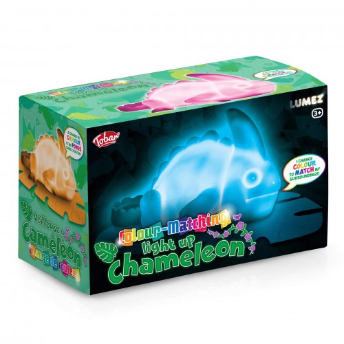 Color-matching light-up chameleon toy in retail box, blue/pink artwork