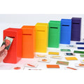 Color posting game with stack of colorful letter bins and assorted cards