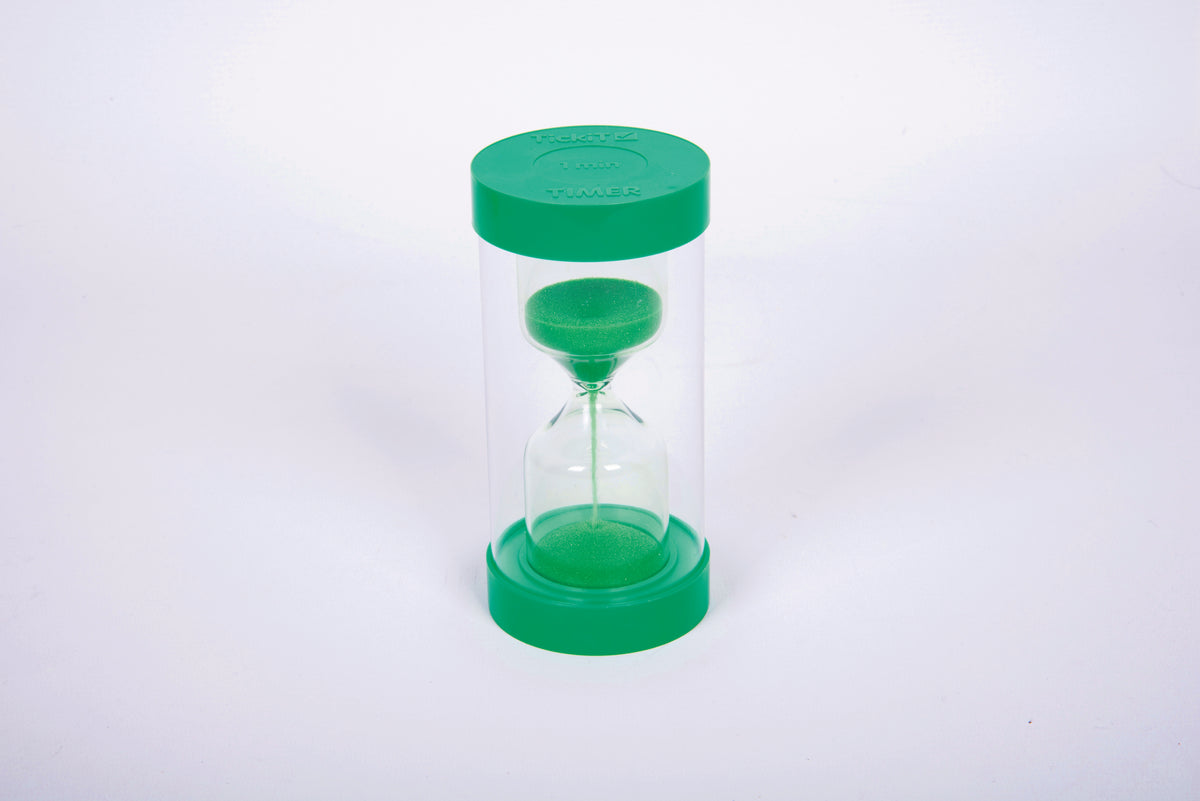 Green 1-minute sand timer hourglass with clear body and colored base