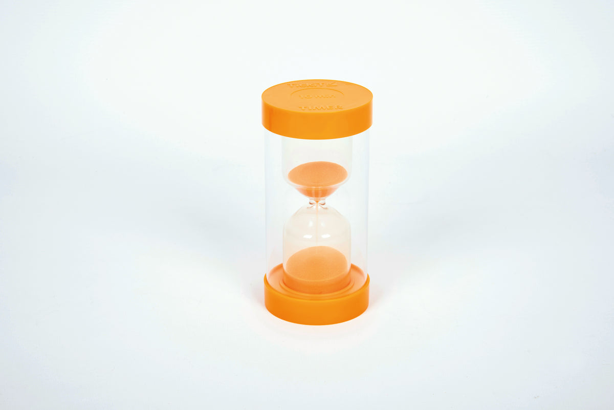 Orange plastic sand timer with hourglass shape and two glass chambers