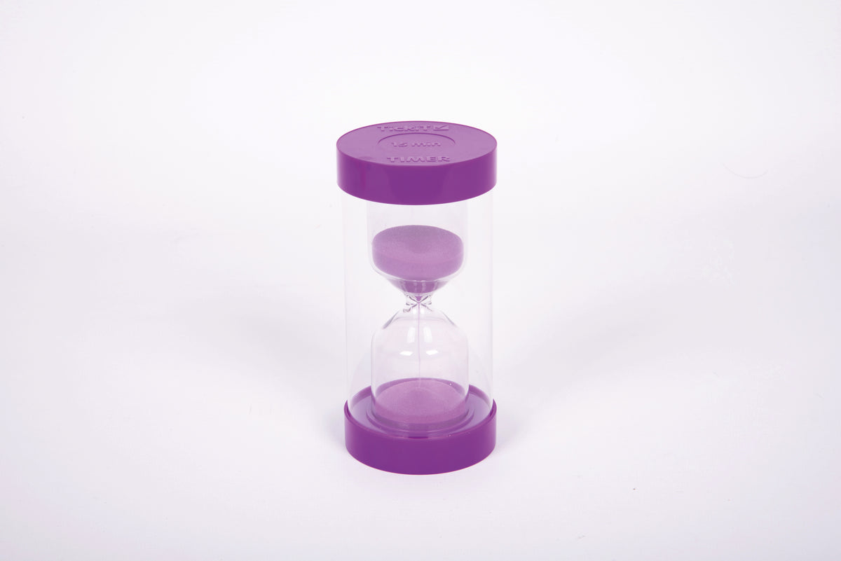 Purple plastic sand timer with hourglass shape and two glass chambers