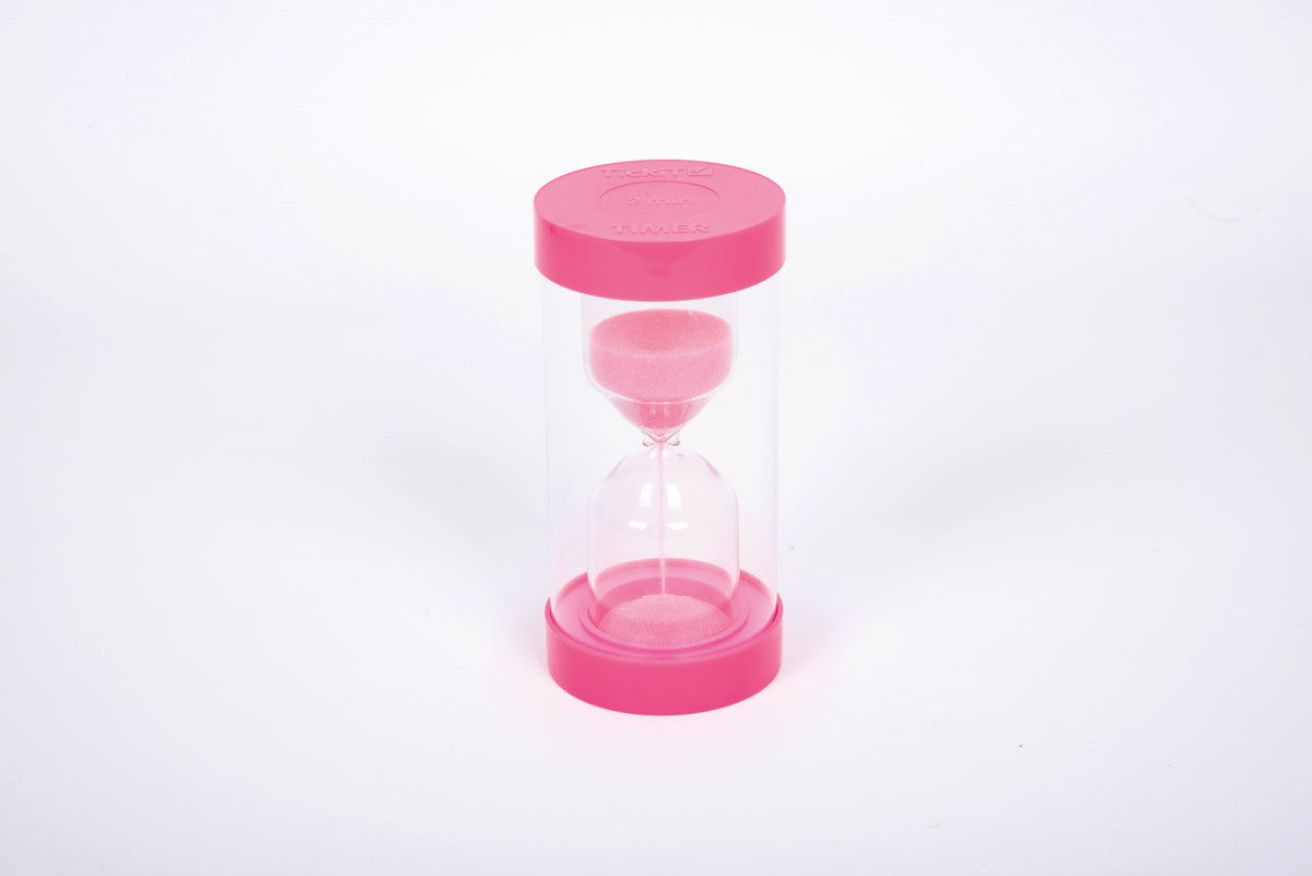 Pink 2-minute sand timer with clear hourglass and matching pink top and base