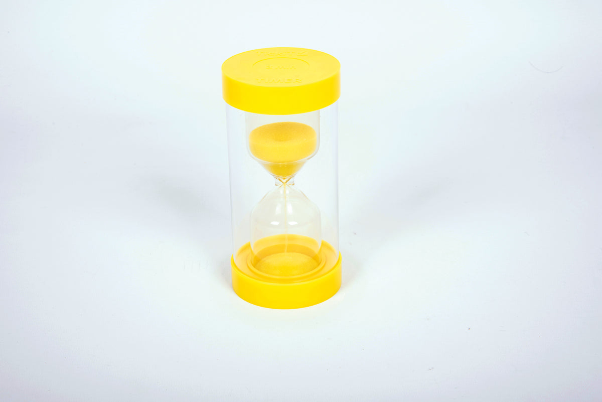 Yellow 3-minute glass sand timer with bright yellow top and base
