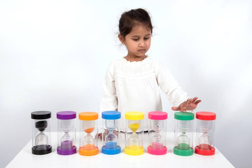 30-minute sand timer set with clear hourglasses and bright colored caps