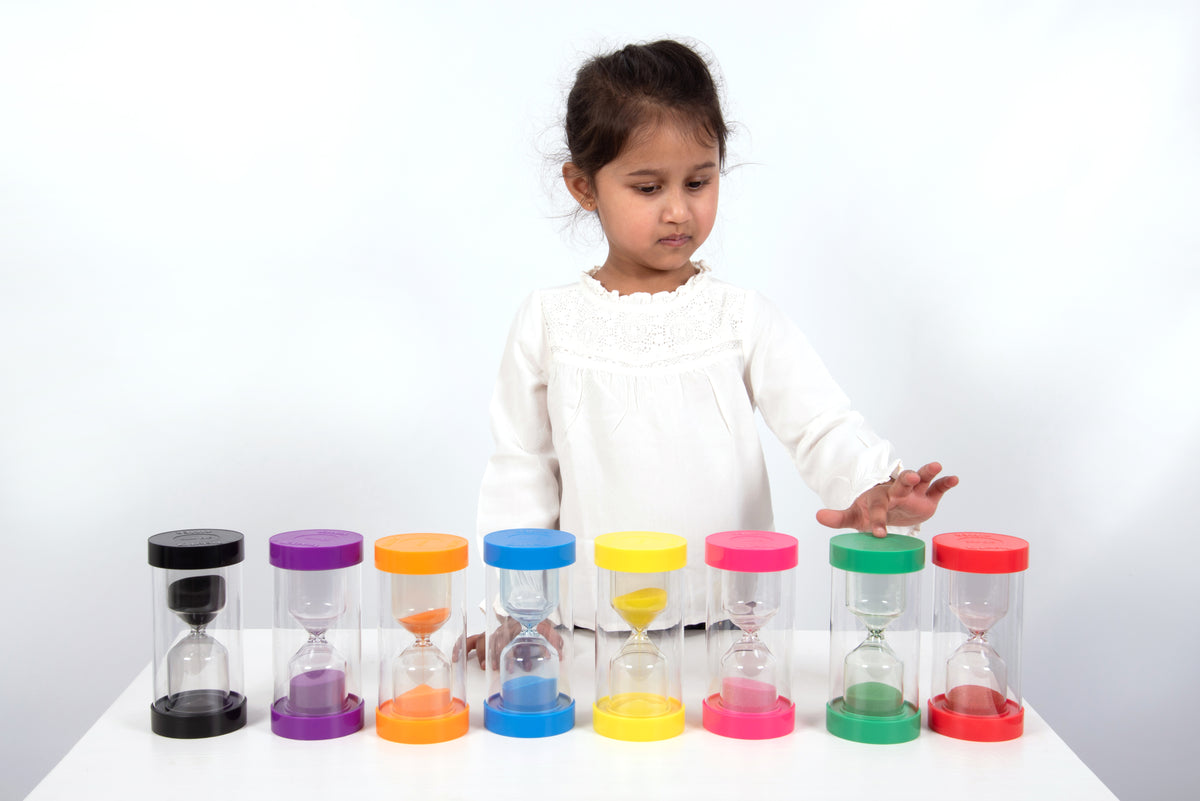 30-minute sand timer set with clear hourglasses and bright colored caps