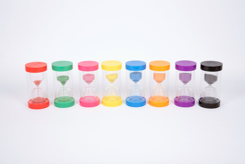 Row of 30-minute sand timers with colorful bases and clear hourglass bodies