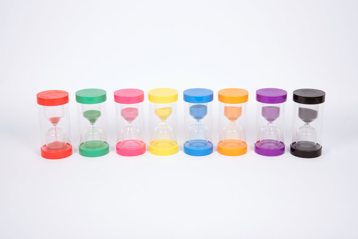 Row of 30-minute sand timers with colorful bases and clear hourglass bodies