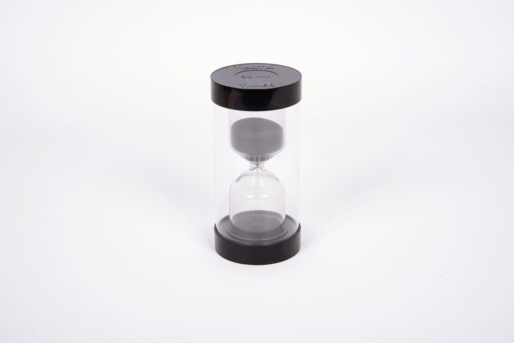 Black 30-minute sand timer with clear hourglass and round top lid