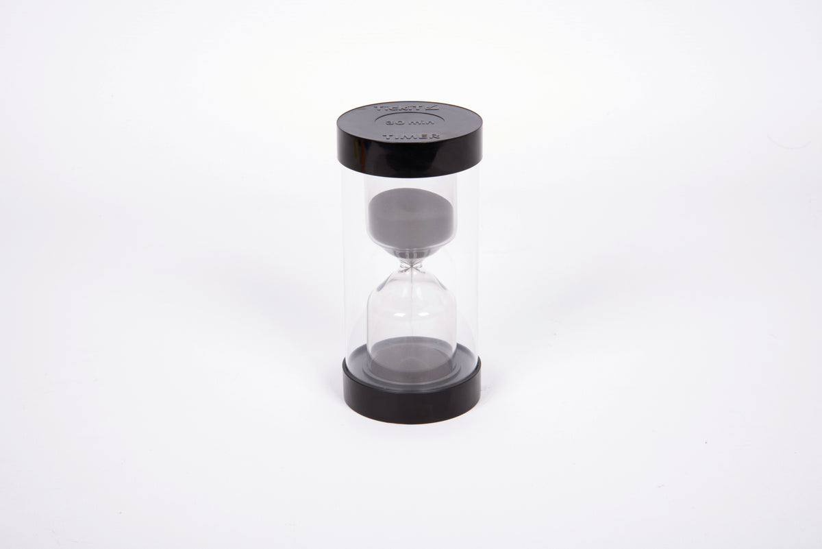 Black 30-minute sand timer with clear hourglass and round top lid