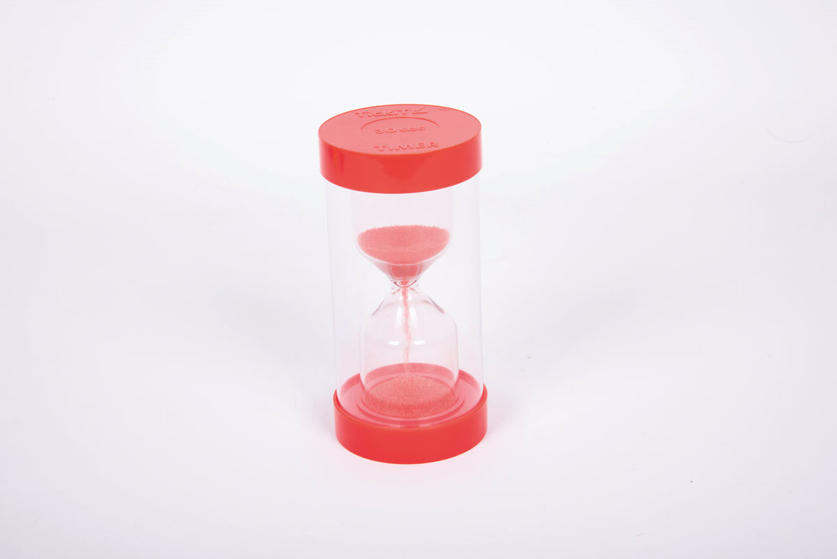 Red 30-second sand timer with clear hourglass body and red top and base