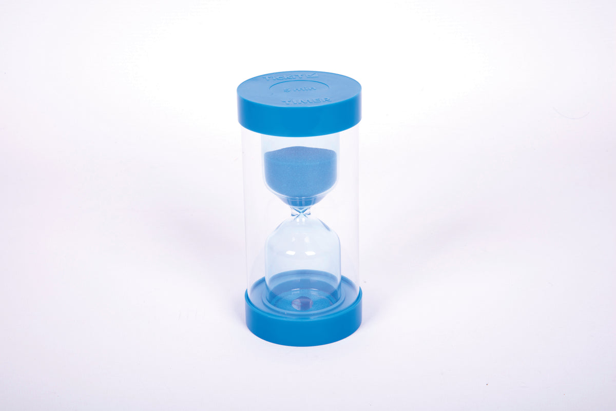 Blue 5-minute sand timer with clear hourglass body and blue top and base