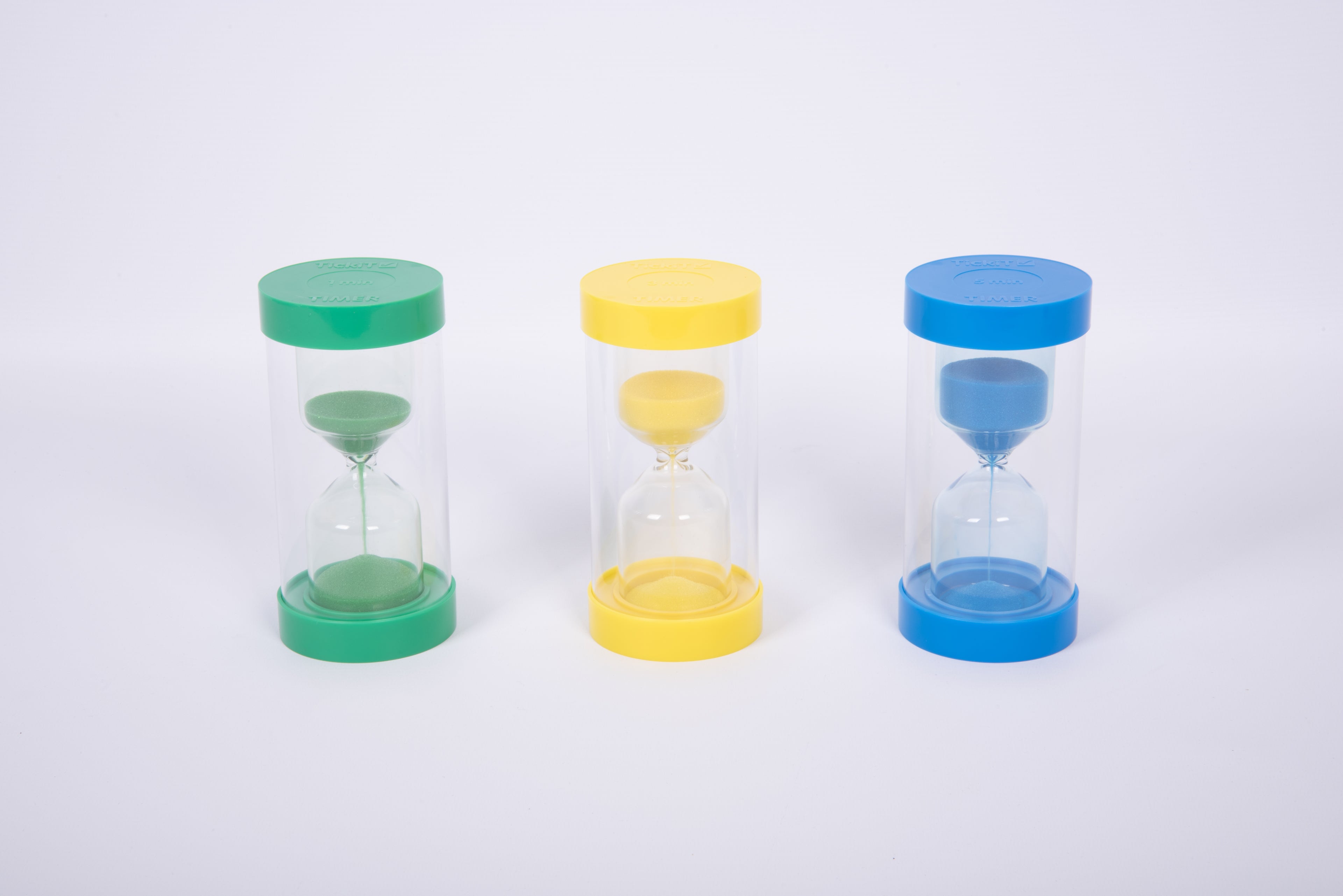 Colourbright sand timer set with green, yellow, and blue glass hourglasses