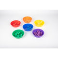 Set of 6 colored sorting bowls with matching pieces in red, orange, yellow, blue, green, purple