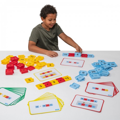 Connecting number tiles set with red, yellow, and blue tiles and number cards.