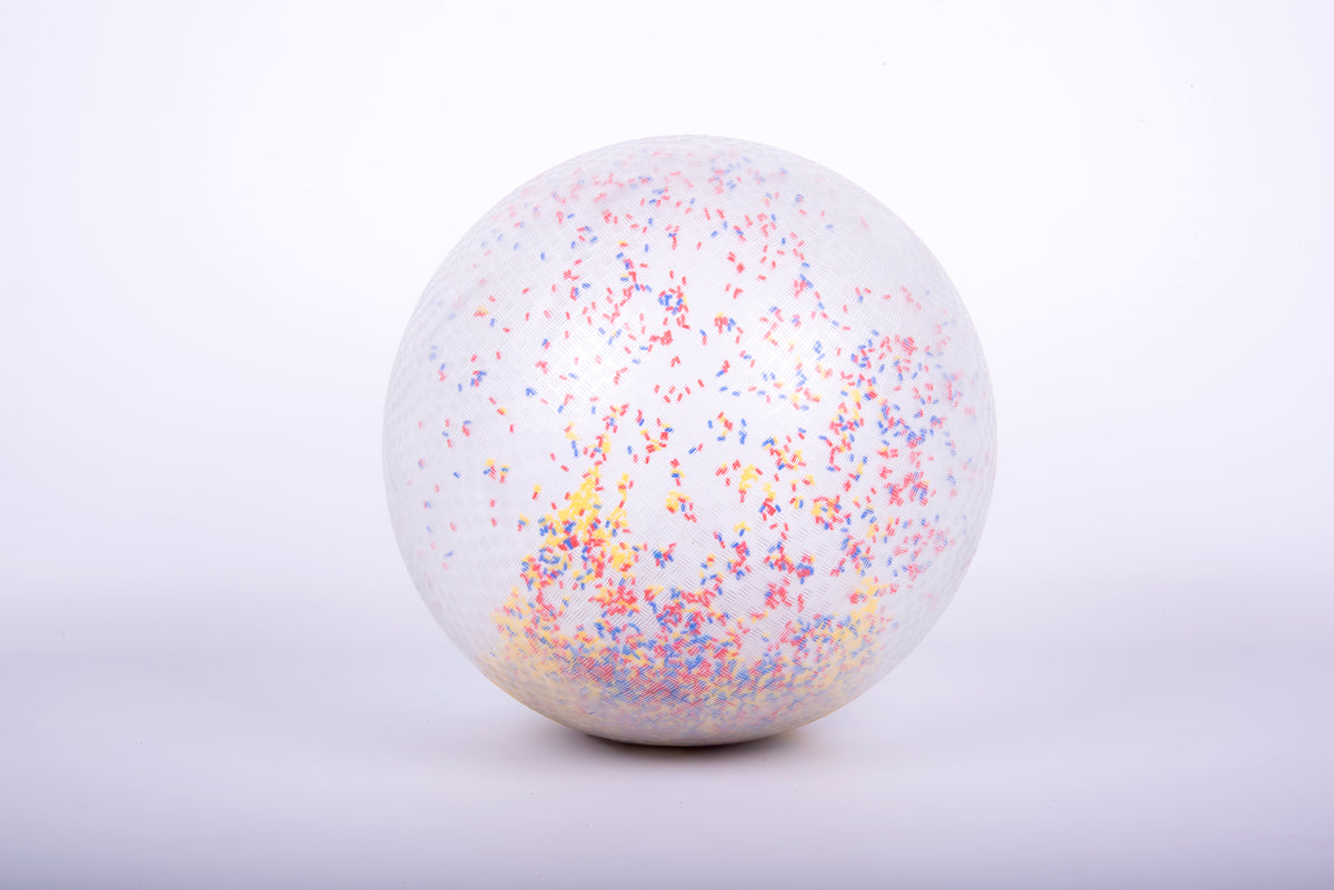White inflatable confetti-speckled ball, close-up