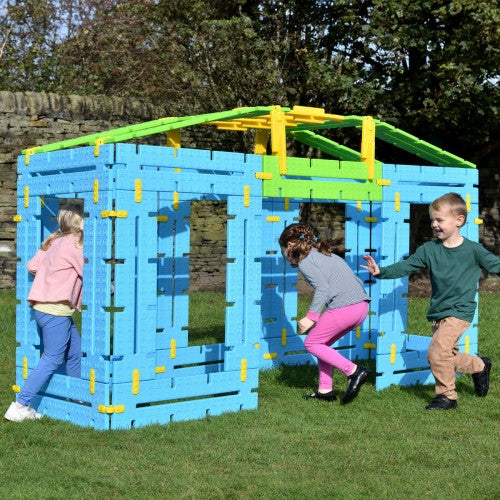 Blue plastic play den set with green and yellow connector bars, open front