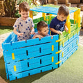 Interlocking blue and yellow plastic playpen panels with handle bars