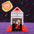 Red and white rocket playset with orange fins and open front cockpit