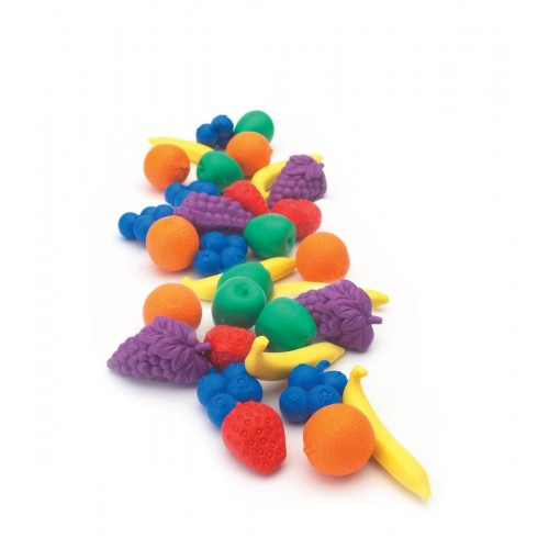 Colorful fruit-shaped counters set, including banana, strawberry, grapes, orange and pineapple