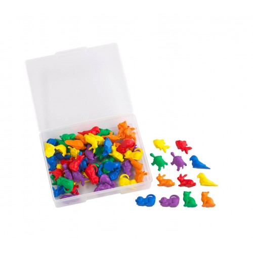 Colorful pet-shaped counting counters in clear storage box, with loose pieces