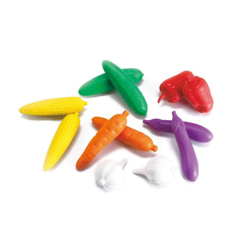 Colorful vegetable-shaped counting counters in red, green, yellow, orange, purple.