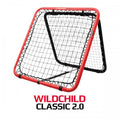 Rebound net with red frame and black mesh, angled backstop for play