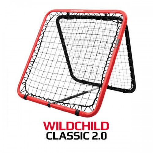 Rebound net with red frame and black mesh, angled backstop for play