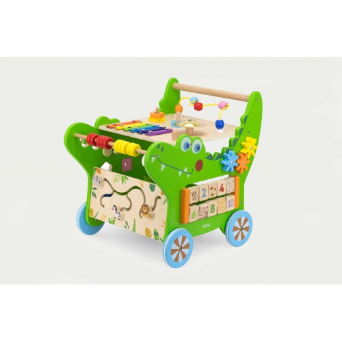 Green and blue crocodile activity walker toy with beads, gears, and spinning wheels