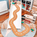 U-shaped brown cork road track mat with dashed white lane markings