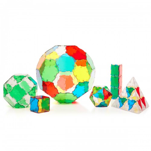Crystal polyhedron set with multi-colored faceted polygon pieces for building