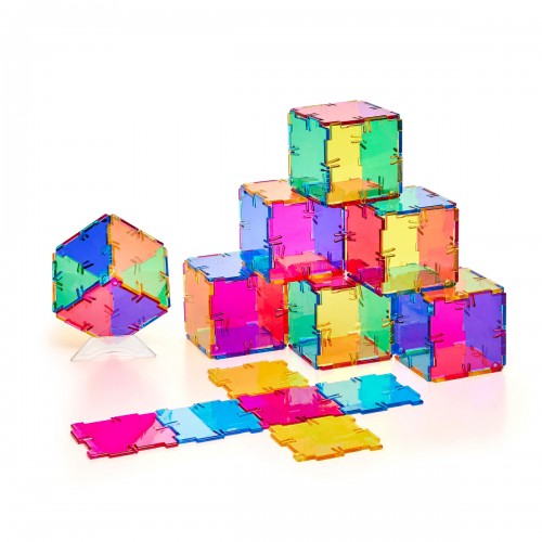 Crystal-style polydron set of colorful transparent blocks, cubes and panels