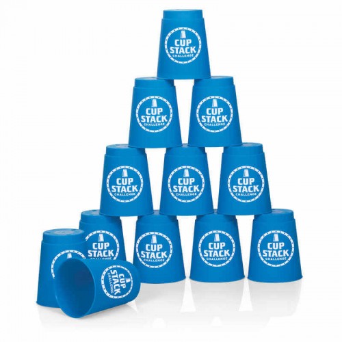Blue plastic Cup Stack Challenge cups, stacked for game play