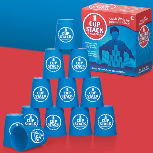 Cup Stack Challenge game set with blue plastic stacking cups and box