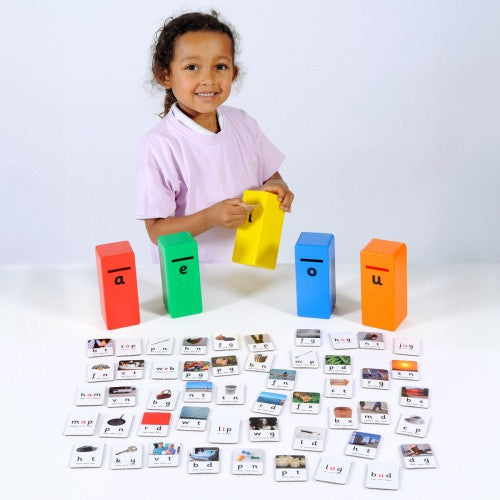 Educational letter posting game set with color block pieces and alphabet cards