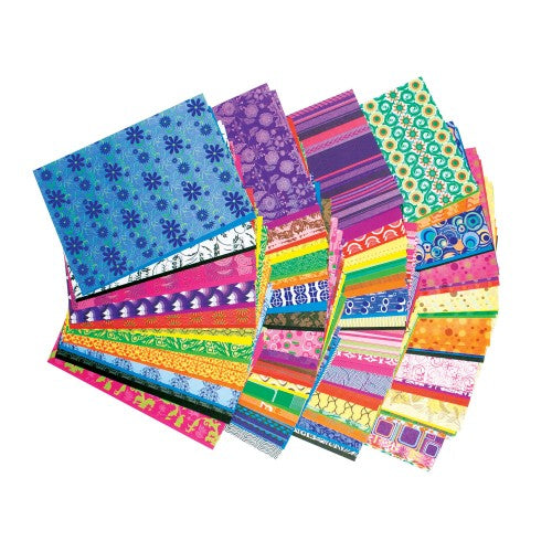 Decorative paper pack with colorful patterned sheets, assorted blue purple green designs