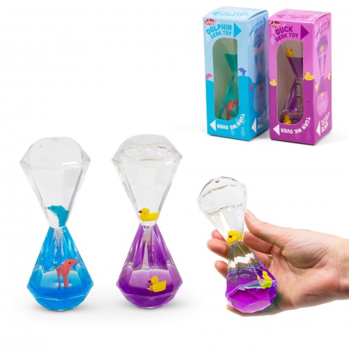 Desktop liquid motion toy, clear hourglass with blue and purple liquid and small figure.