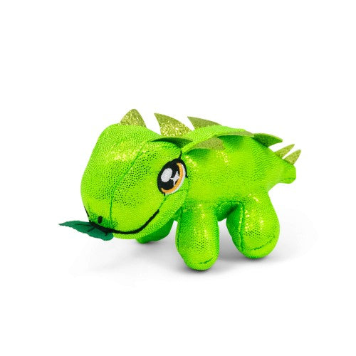 Green dinosaur plush toy with spiky back and big cartoon eye
