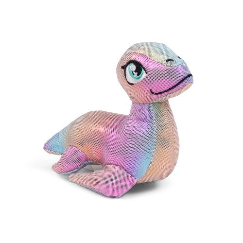 Purple, blue, and pink dinosaur plush toy with big cartoon eye