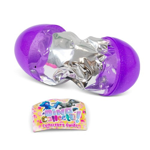 Purple surprise egg toy with silver foil inside and collectible guide card
