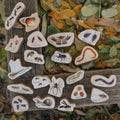 Assorted minibeast wooden cutout shapes with illustrated insects and bugs