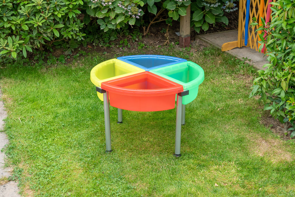 Quadrant color tray set with stand, green, yellow, blue and orange bins