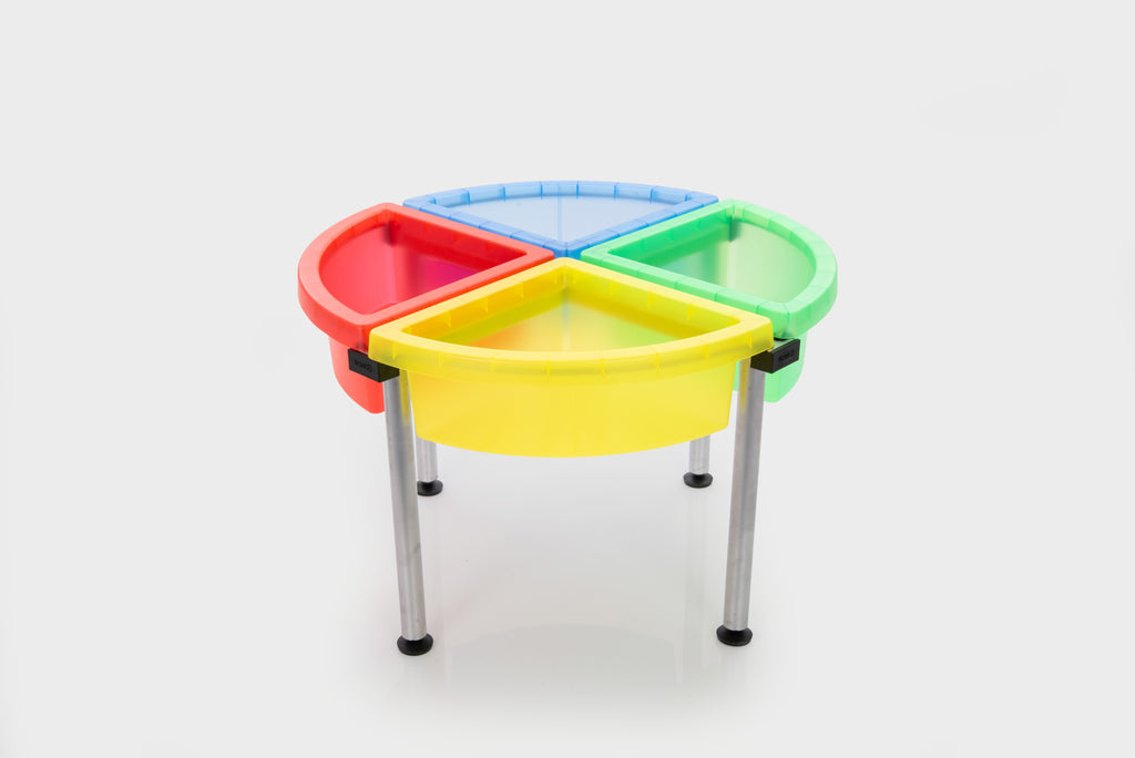 Quadrant color tray set with stand, four bright bins and curved rim